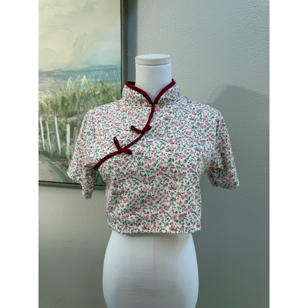 Floral Cheongsam Inspired Crop Top Mandarin Collar Frog Closure Women's M